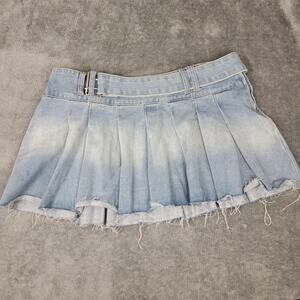 Fashion Nova Mini Skirt Women's XL  Pleated Light Wash Denim Frayed y2k